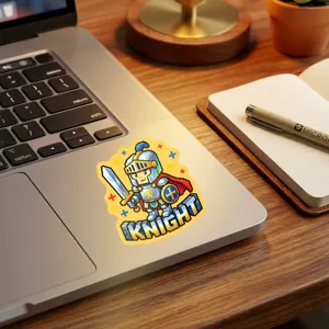 Pixel art ridder sticker weergegeven op een laptop oppervlak voor decoratief gebruik.