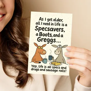 Divertida tarjeta de felicitación de cumpleaños británica con animales muy graciosos.
