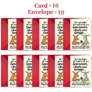 Set de tarjetas de felicitación de cumpleaños humorísticas con 10 tarjetas y sobres rojos.