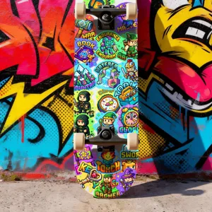 Detail van pixel game stickers met levendige kleurrijke cartoon pixel art ontwerpen op skateboard.