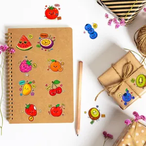 Detailed view of cute cartoon fruit stickers featuring waterproof PET transparent material.