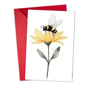 Détail de carte de vœux abeille fleur aquarelle, style nature dessinée à main avec enveloppe rouge.
