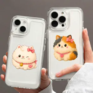 Coques de téléphone transparentes avec des motifs de chats mignons et duveteux et des nœuds roses.