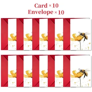 Lot de 10 cartes de vœux abeille aquarelle avec enveloppes rouges, thème nature vierge.