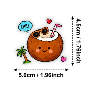 Detailed view of cute cartoon coconut sticker with sunglasses and palm tree design.