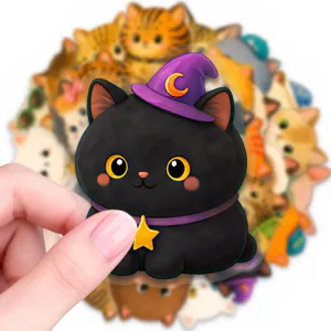 Mignon chat rond PET imperméable autocollant, sorcière chapeau chaton sticker pour ordinateur.