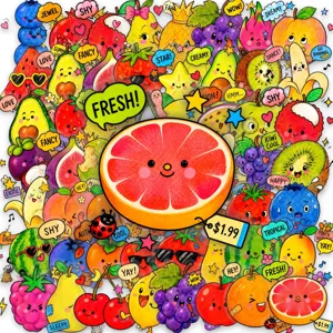 Cute cartoon fruit waterproof stickers set, colorful aesthetic vinyl decal pack for decoration.