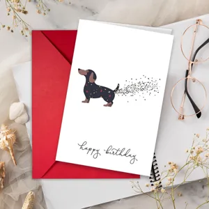 Lustige Dackel Geburtstag Grußkarte Süße Hund Konfetti Design Mit Rotem Umschlag Segen Karte Einfach Modern Bedruckte Karte