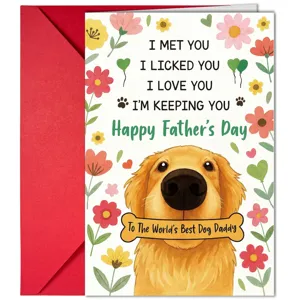Cute Golden Retriever Father's Day greeting card with red envelope for dog dads and pet lovers.