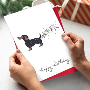 Lustige Dackel Geburtstagskarte mit rotem Umschlag, niedliches Hund Konfetti Design Grusskarte