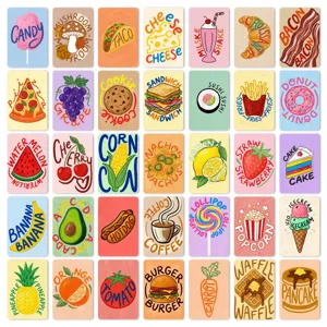 Close-up details of cognitive learning cards featuring cute food illustrations and English words.