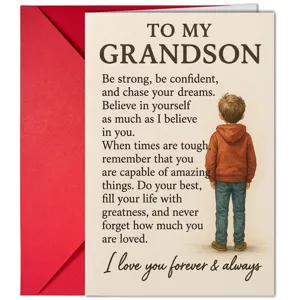 Carte de vœux inspirante pour petit-fils avec enveloppe rouge et message chaleureux.