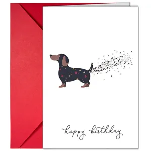 Lustige Dackel Geburtstagskarte Detailansicht mit niedlichem Hundedesign und rotem Umschlag.