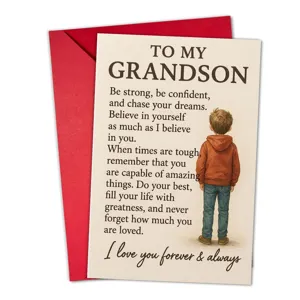 Carte de vœux inspirante pour petit-fils avec enveloppe rouge et texte chaleureux vue détaillée
