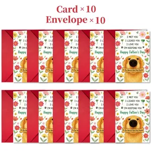 Detailed view of funny Golden Retriever Father's Day greeting card set with red envelope.