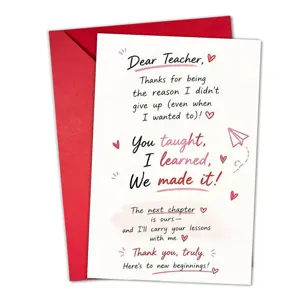 Hand-drawn style teacher thank you greeting card detail with envelope and heartfelt messages.