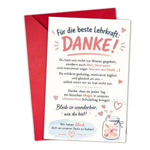 Teacher appreciation greeting card with red envelope hand drawn heart design for school.