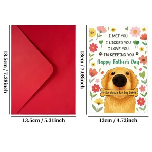 Cute golden retriever father's day greeting card with red envelope, funny dog owner gift.