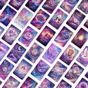 Vue détaillée du jeu de cartes d'énergie cosmique avec des designs de nébuleuses et citations.