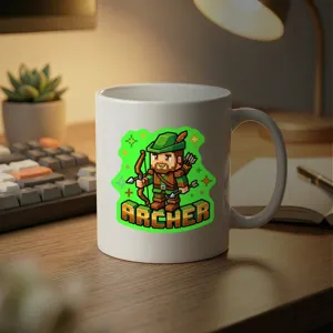 Gedetailleerd overzicht van witte keramische koffiemok met pixel art boogschutter design.