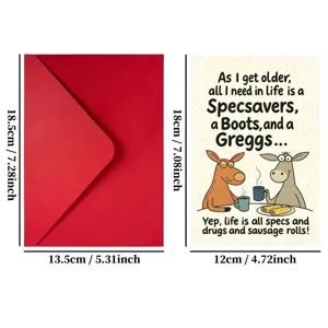 Divertida tarjeta de felicitación de cumpleaños británica con sobre rojo y simpáticos animales.