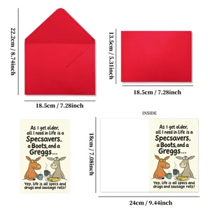 Tarjeta de felicitación de cumpleaños de humor británico con sobre rojo y dibujo animado.