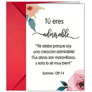 Watercolor floral greeting card detail with inspiring Spanish quote and red envelope.