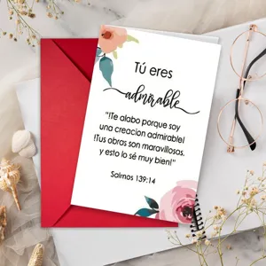 Floral inspirational greeting card with red envelope, elegant design and blessing.