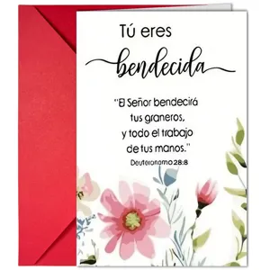 Detailed view of greeting card with Spanish Bible verse and watercolor floral art.