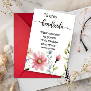 Inspirational Bible verse greeting card set with floral watercolor design and red envelope.