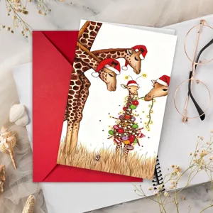 Biglietto di Auguri di Natale Con Busta Rossa Cartone Animato Giraffa Schiaccianoci Camino Illustrazione Biglietti di Auguri per Amici Famiglia