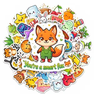 Cute cartoon praise stickers set, 50pcs waterproof kawaii animal decals for kids and student rewards.