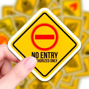 Yellow diamond warning sticker detail, waterproof safety sign decal for industrial and decor use.