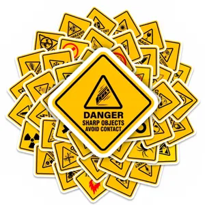 Waterproof yellow diamond warning safety sticker set, durable adhesive decals for industrial use.