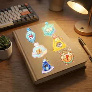Nahaufnahme niedlicher Tierflaschen-Sticker auf Notizbuchschreibtisch mit warmem Licht.