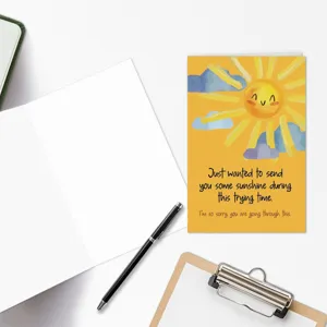 Heartwarming sunshine greeting card detail showing cute sun illustration and sympathy message.