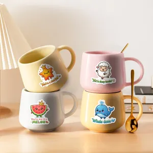 Cute cartoon ceramic mugs set with encouraging English quotes, decorative desktop coffee cups