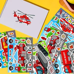 Gedetailleerd overzicht van brandweerwagenstickers, reddingsvoertuig DIY puzzel voor kinderen.