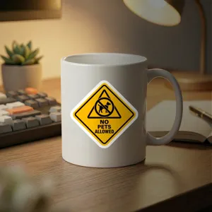 White ceramic coffee mug detail showing yellow warning sticker design for desk decor.