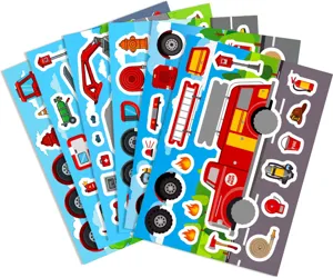 Cartoon brandweerauto DIY stickers voor kinderen 6 vellen set vroege educatie puzzel speelgoed.