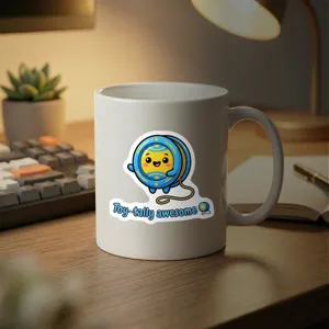 Detailed shot of a white ceramic coffee mug with a cute cartoon graphic on a cozy wooden desk.