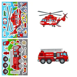 Details van brandweerwagen en helikopter DIY puzzel stickerbladen voor kinderen.