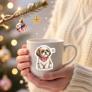 Gros plan detail d'un autocollant impermeable de chiot mignon sur tasse ceramique blanche.