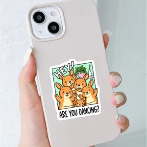 Close-up detail of cute kangaroo cartoon sticker featuring fun lettering for phone case.