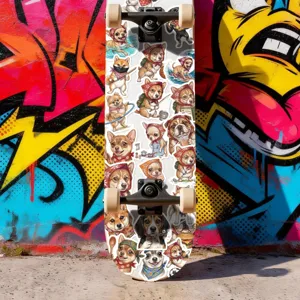 Skateboard décoré de mignons autocollants de chiens de dessin animé avec foulards pour déco.