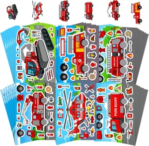 Kids DIY brandweerauto sticker set, cartoon reddingsvoertuig puzzel speelgoed voor onderwijs.
