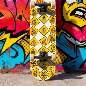 Skateboard decorated with yellow diamond safety warning sign stickers for outdoor sports.