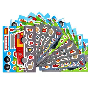 Gedetailleerd overzicht van kleurrijke brandweerwagen DIY sticker vellen set voor kinderen.