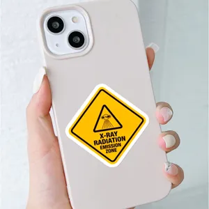 Waterproof yellow diamond warning sign stickers, danger radiation design for phone decor.