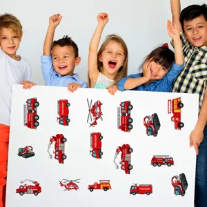 Kinderen tekenfilm brandweerauto sticker set, kleurrijke DIY puzzel speelgoed voor educatie.